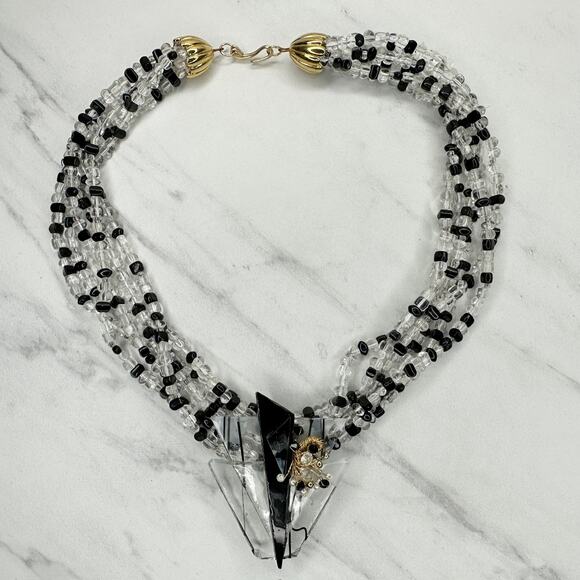 Black Clear Beaded Multi-Strand Arrow Pendant Statement Necklace ✨ - Picture 2 of 10